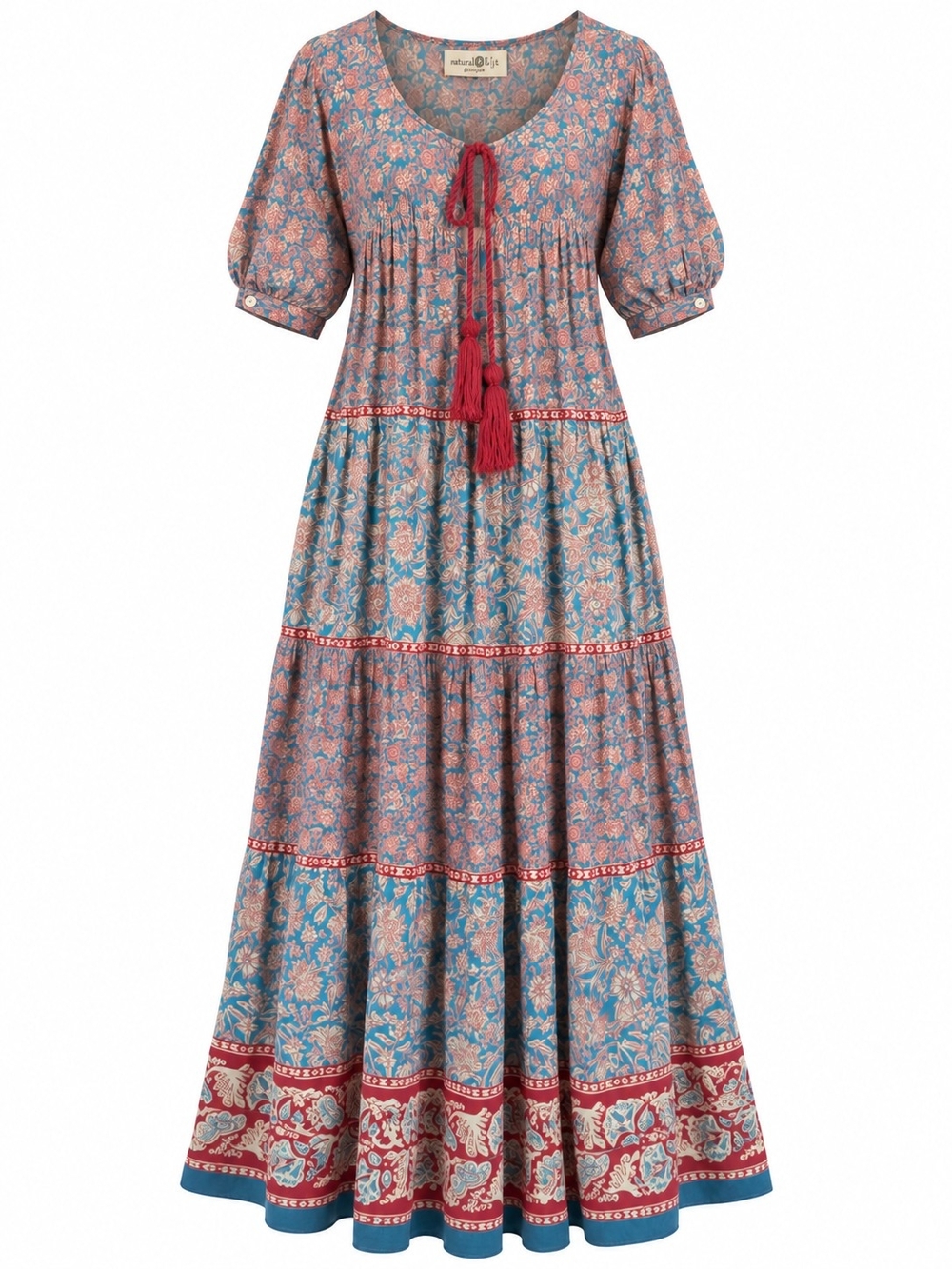 NATURAL LIFE | Floral Block Print Tiered Cotton Tassel Long Maxi Dress | L